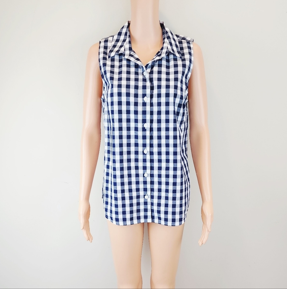 Kim Roger's Sleeveless Button Down Plaid Shirt
